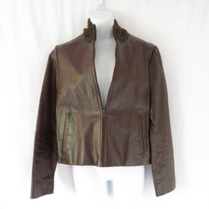 Vintage Anthropologie Chocolate Brown Leather Wool Jacket Size Large Minimalist